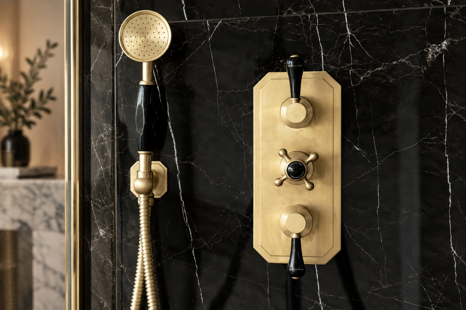 Luxury English shower controls and hand shower in Brass against natural marble.