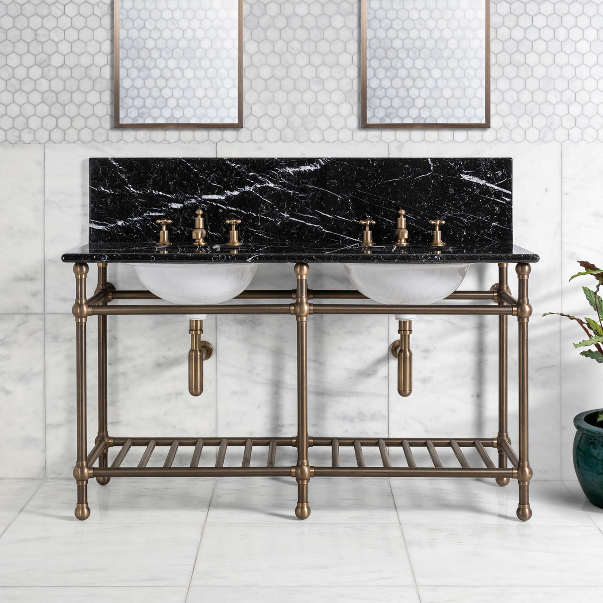 Westminster Double Vanity Suite (Inc. Marble Top, Upstand, Brass Rack & Basins) - Rutland London