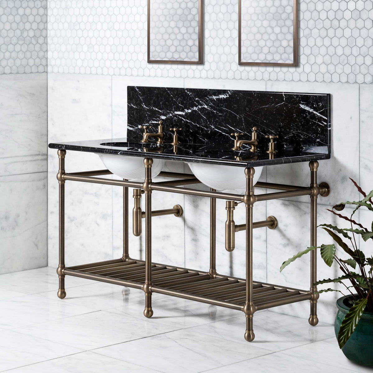 Westminster Double Vanity Suite (Inc. Marble Top, Upstand, Brass Rack & Basins) - Rutland London