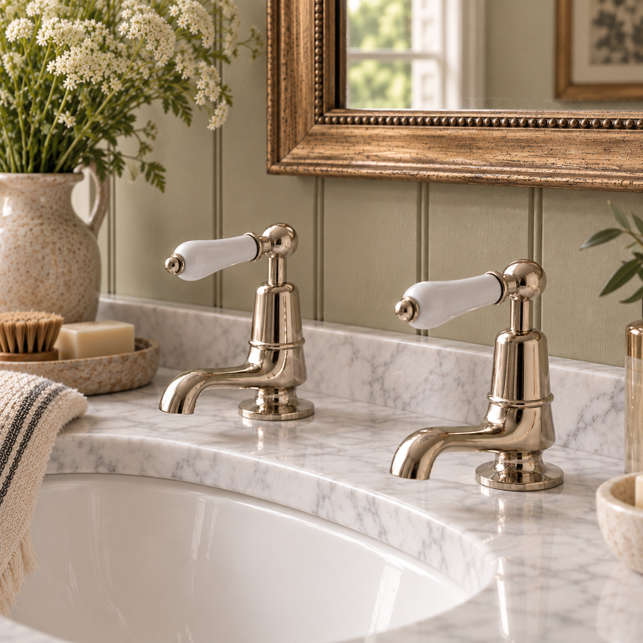 Brunswick White Ceramic Lever Basin Pillar Taps - Rutland London