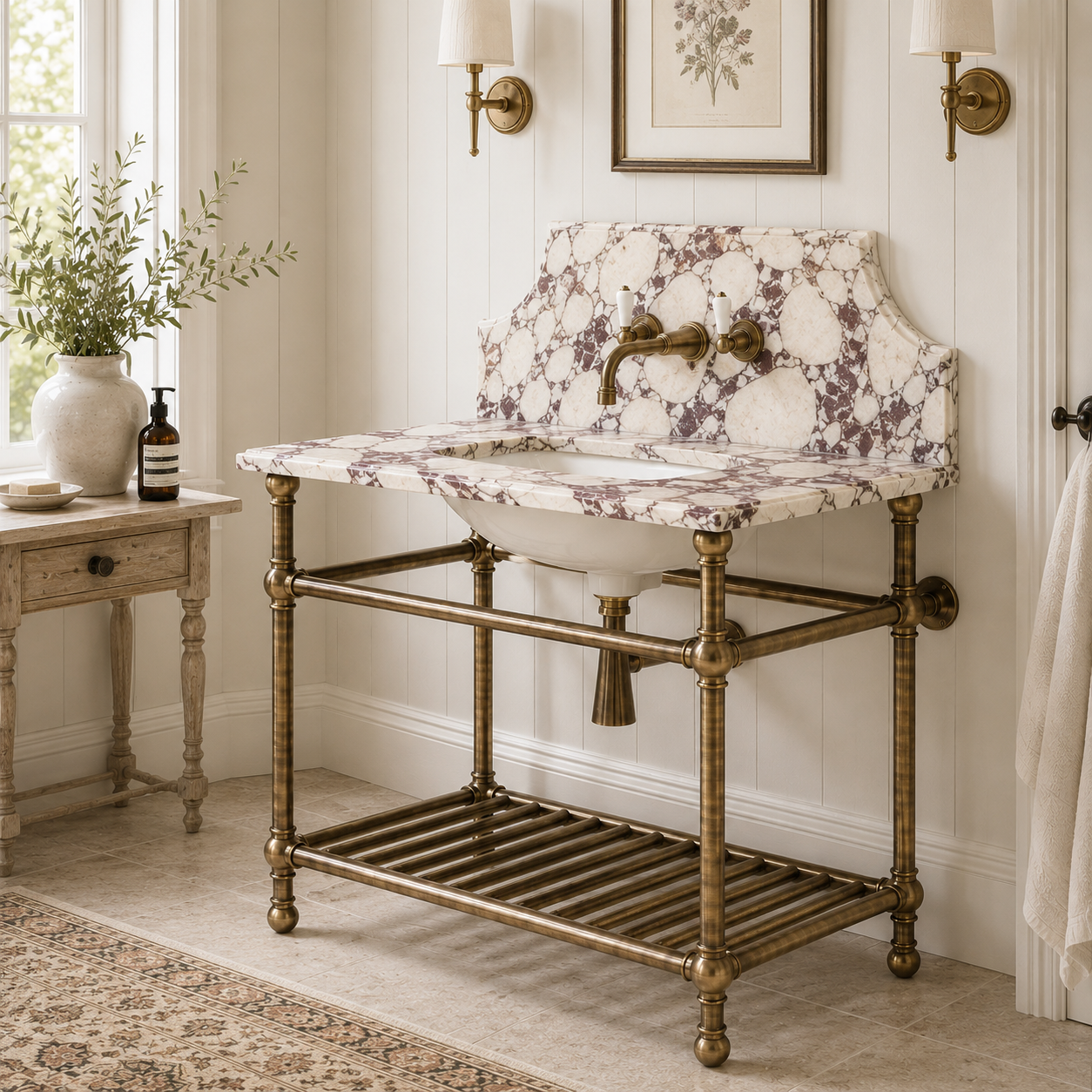 Cadogan Single Vanity Suite (Inc. Marble Top, Upstand, Brass Rack & Basin) - Rutland London