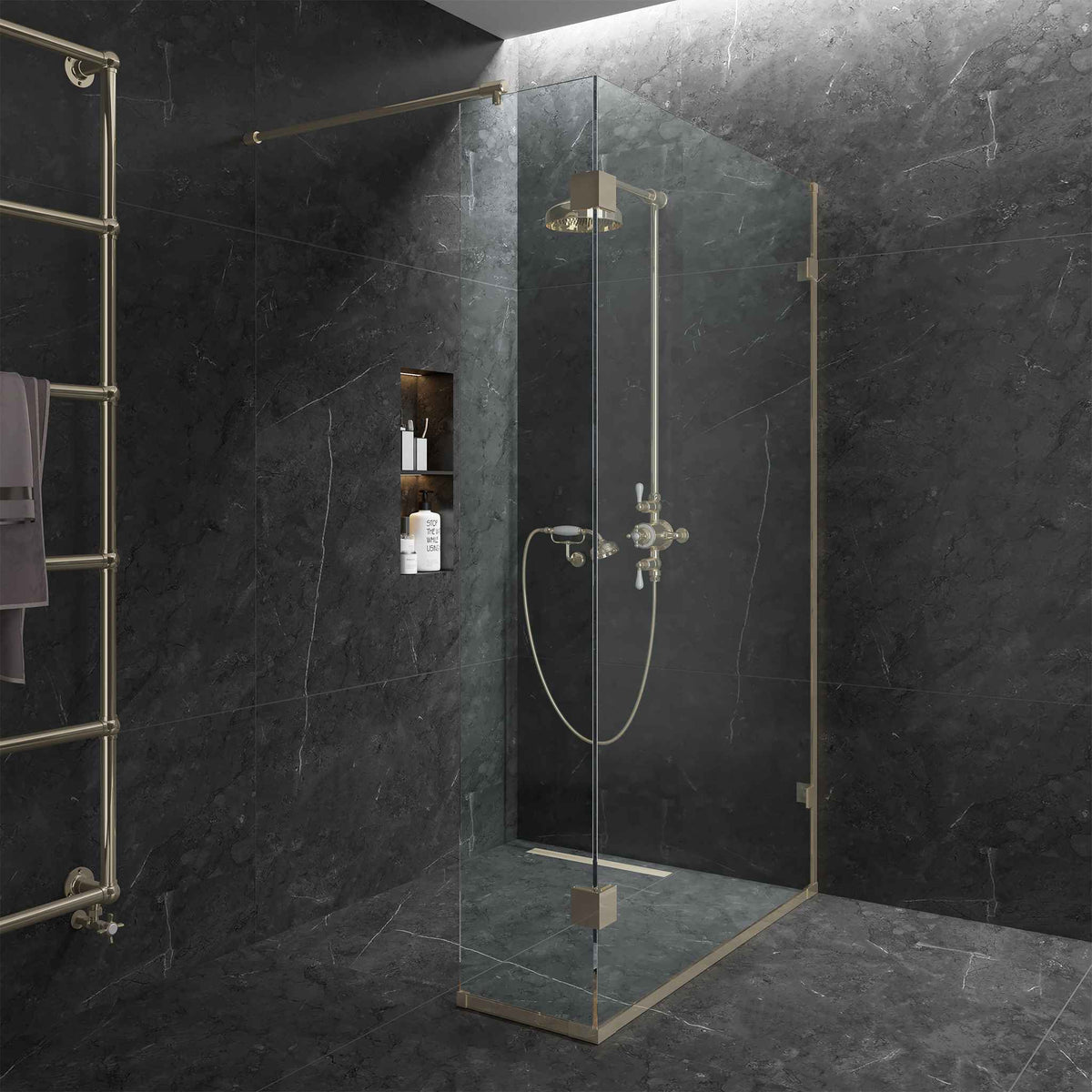 Smithfield Semi-Frameless Brass Wet Wall Panel - Rutland London