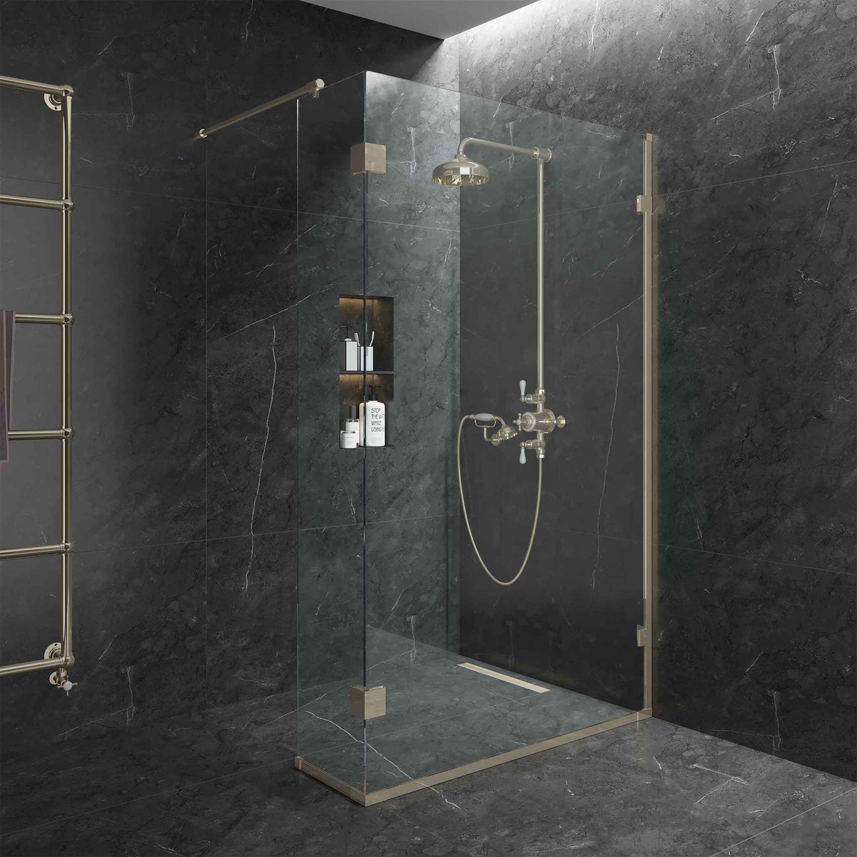 Smithfield Semi-Frameless Brass Wet Wall Panel - Rutland London