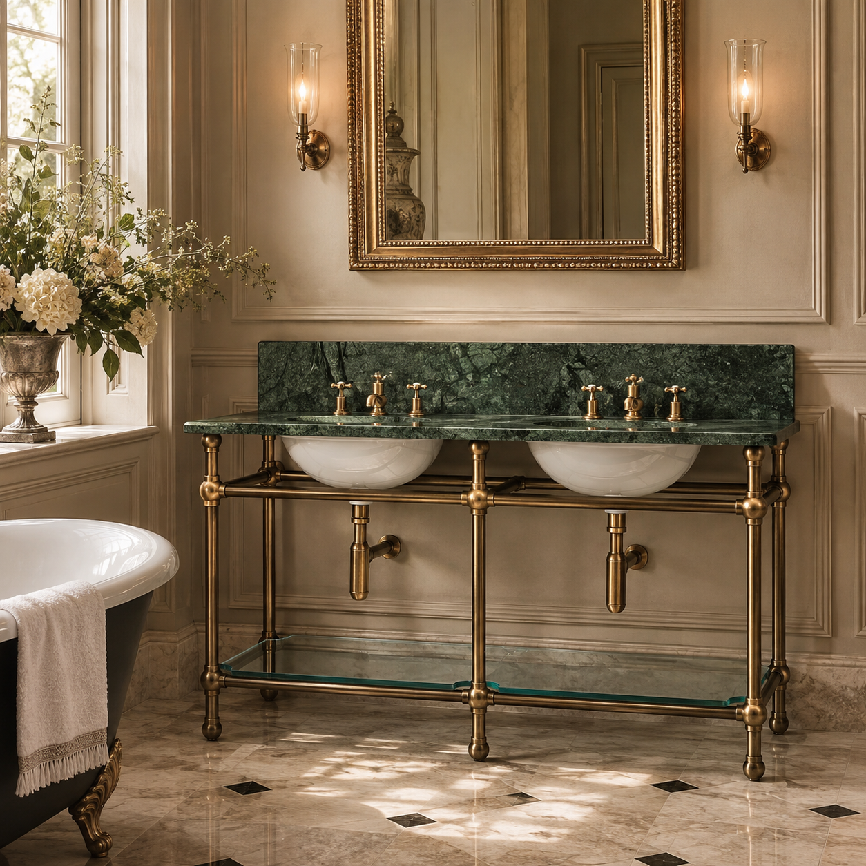 Colville Double Vanity Suite (Inc. Marble Top, Upstand, Glass Shelf & Basins) - Rutland London