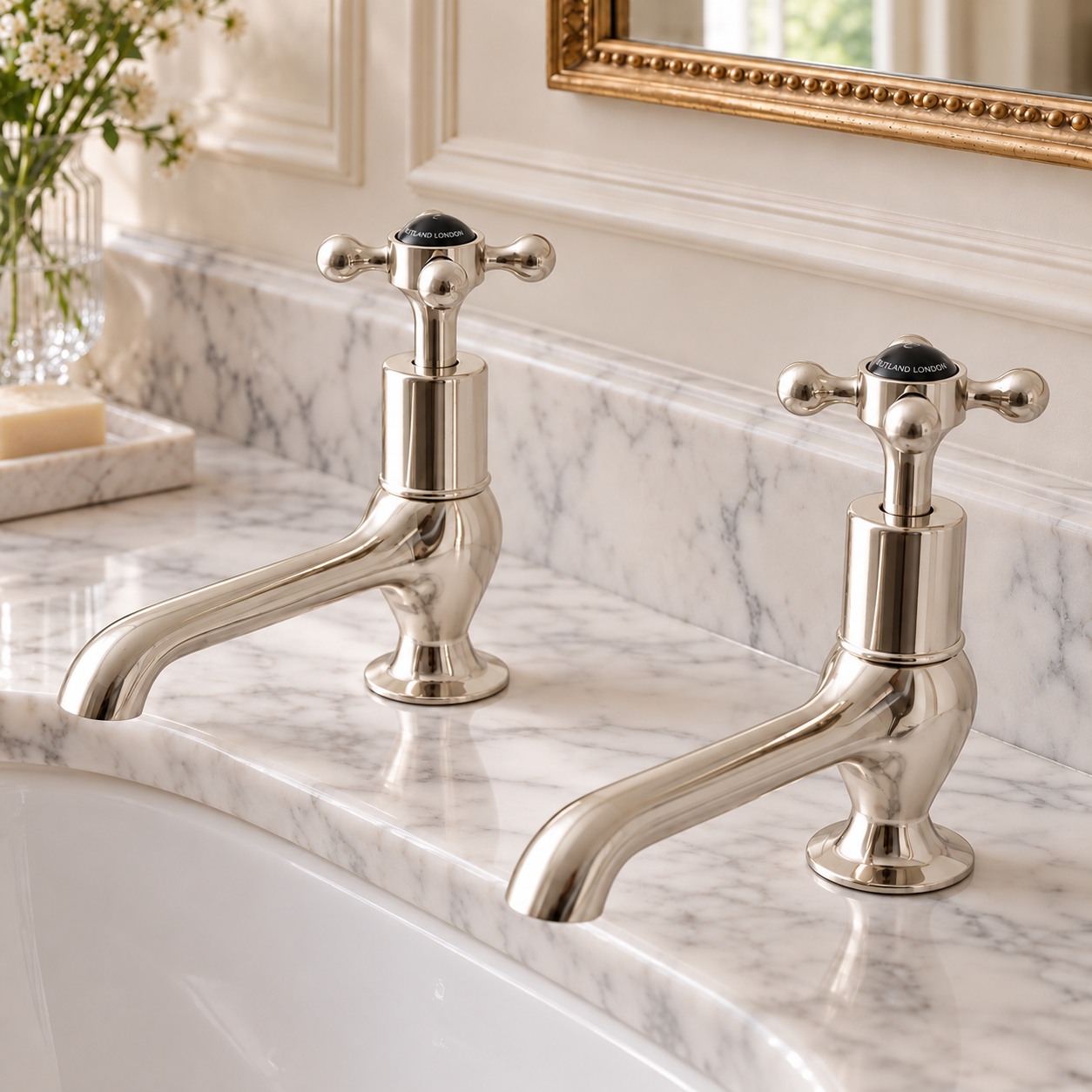 Grayling Long Nose Black Ceramic Crosshead Basin Pillar Taps - Rutland London
