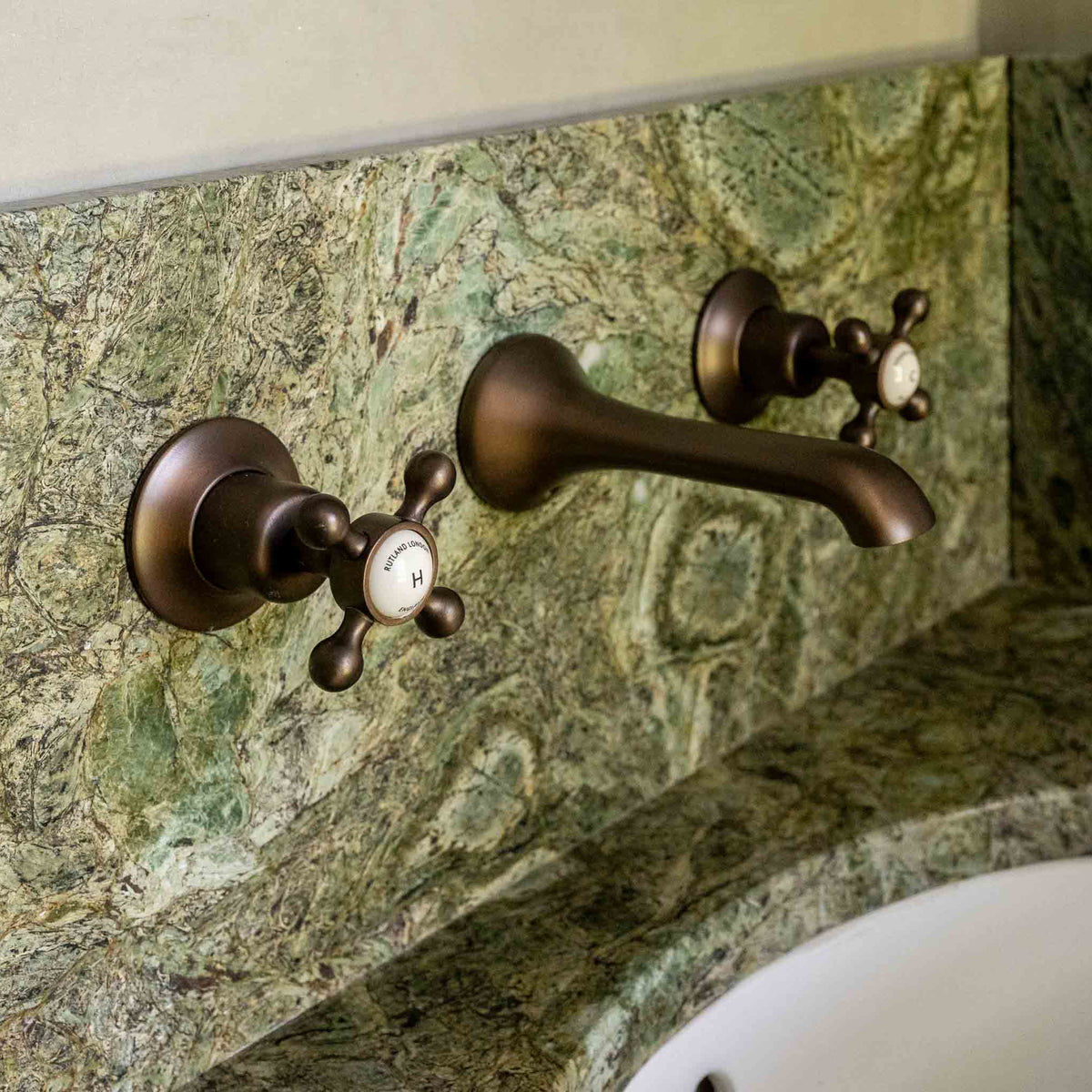 Norton White Ceramic Crosshead Wall Mounted Three Hole Basin Mixer - Rutland London