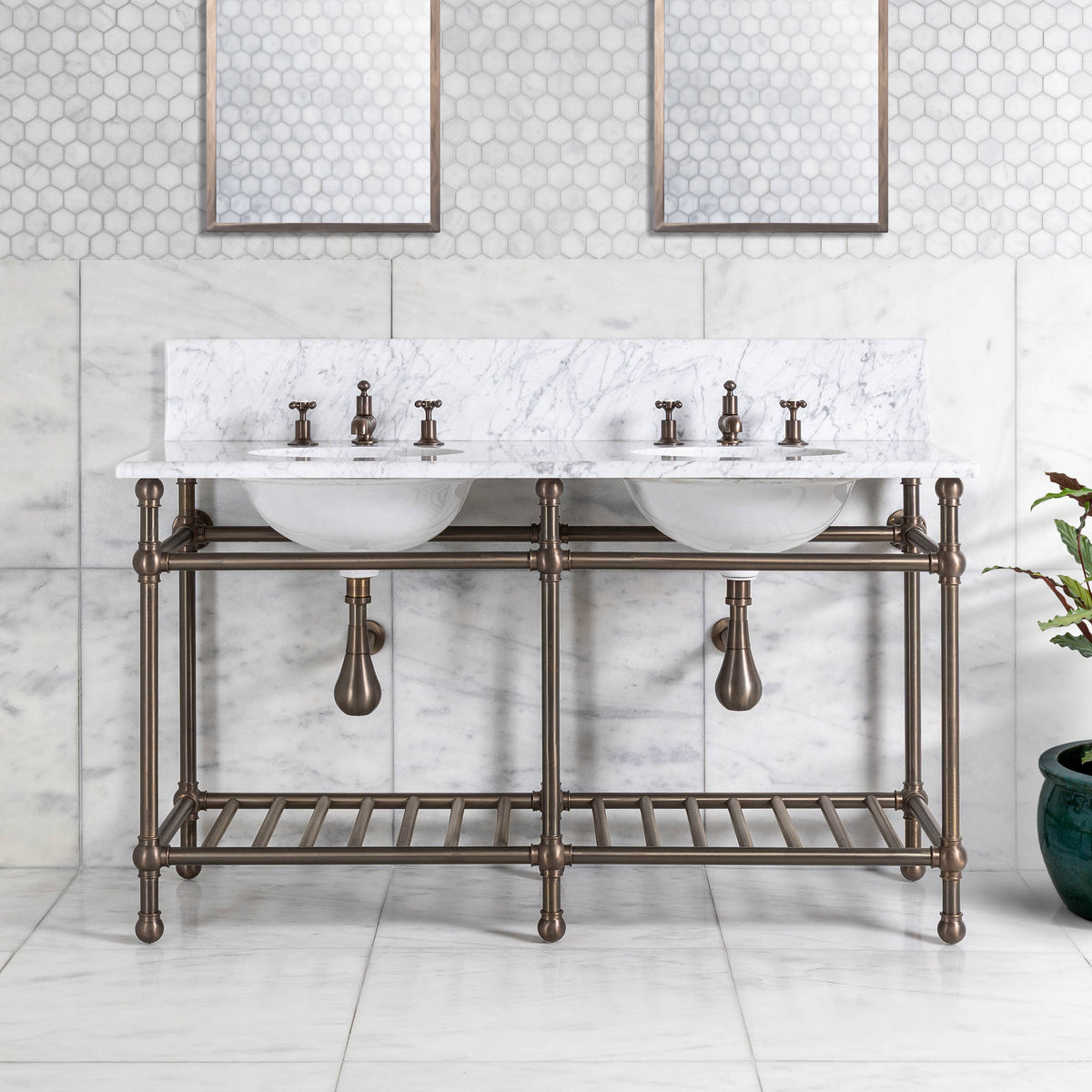 Cadogan Double Vanity Suite (Inc. Marble Top, Upstand, Brass Rack & Basins) - Rutland London