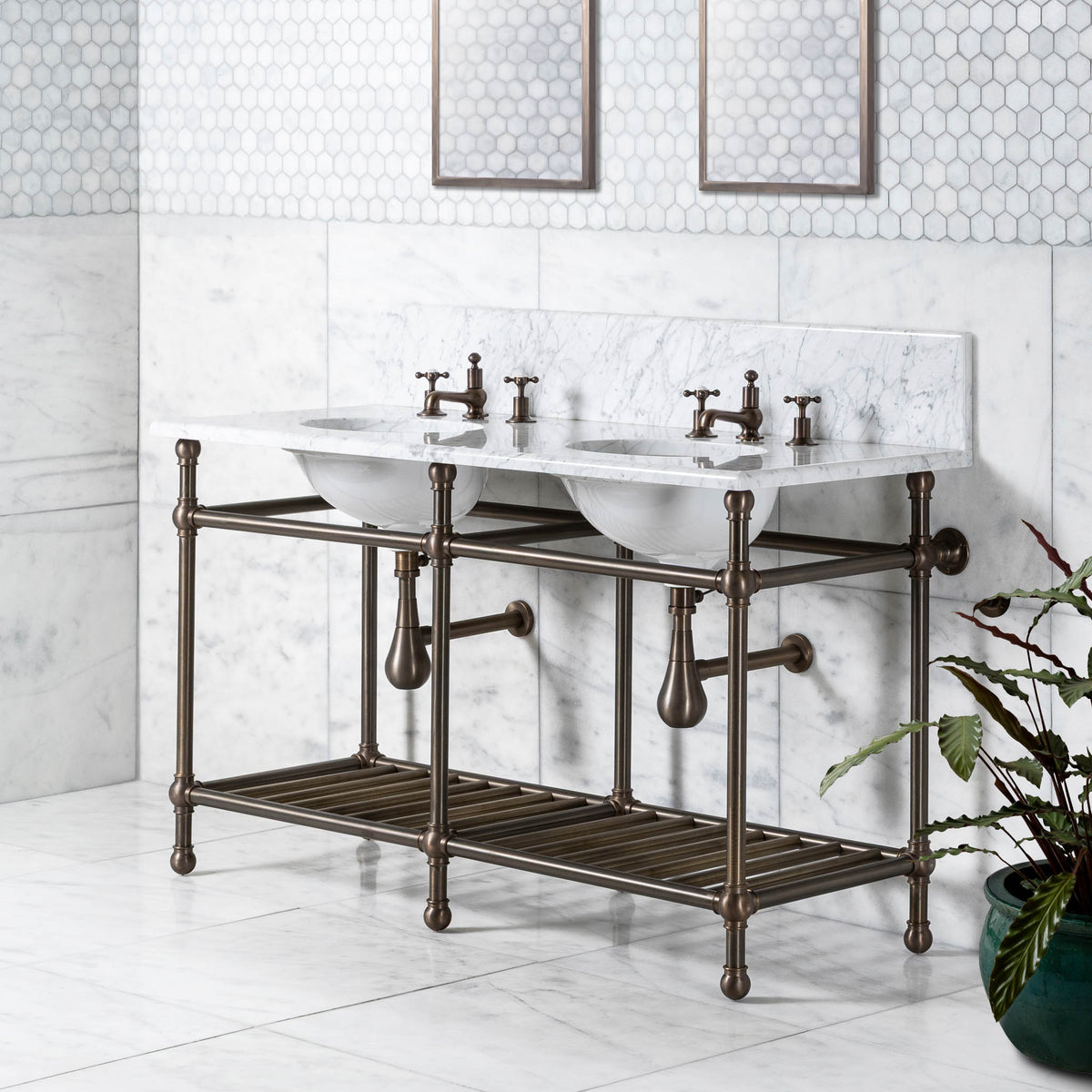 Cadogan Double Vanity Suite (Inc. Marble Top, Upstand, Brass Rack & Basins) - Rutland London