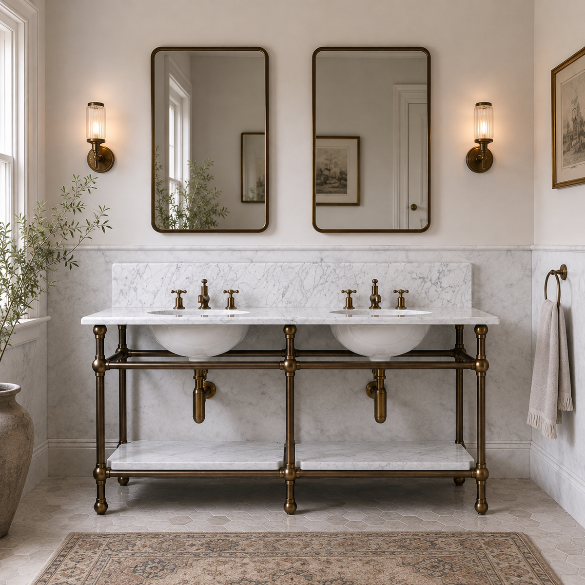 Ravenscourt Double Vanity Suite (Inc. Marble Top, Upstand, Shelf & Basins) - Rutland London