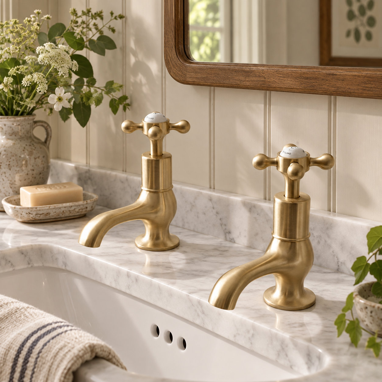 Rectory White Ceramic Crosshead Basin Pillar Taps - Rutland London