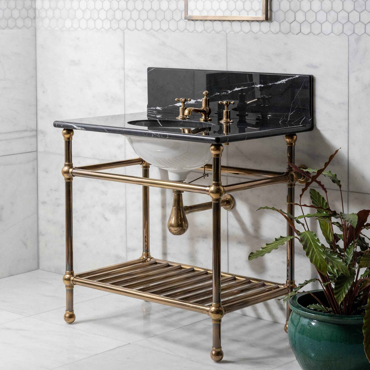 Westminster Vanity Suite (Inc. Marble Top, Upstand, Brass Rack &amp; Basin) - Rutland London