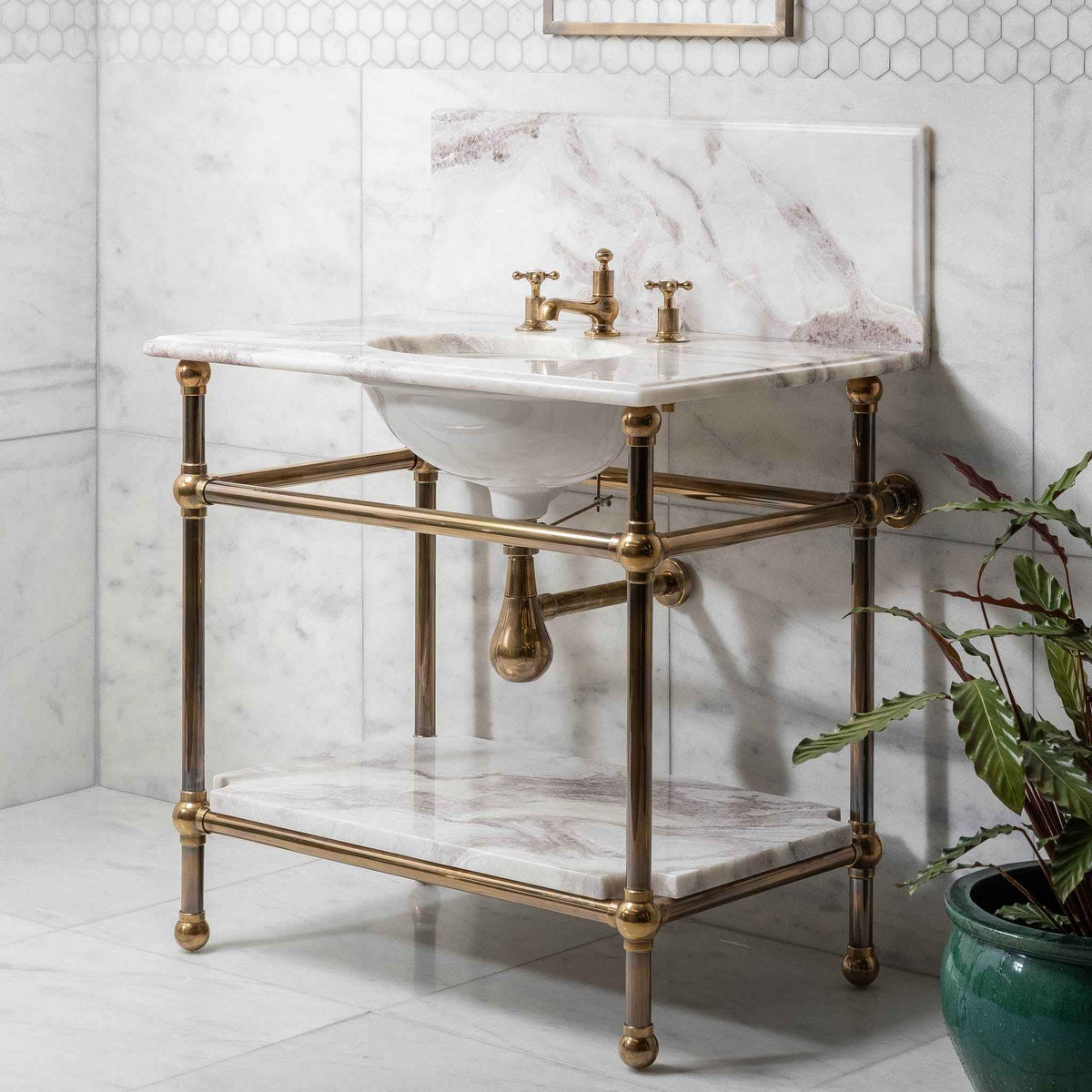 Ravenscourt Vanity Suite (Inc. Marble Top, Upstand, Brass Rack &amp; Basin) - Rutland London