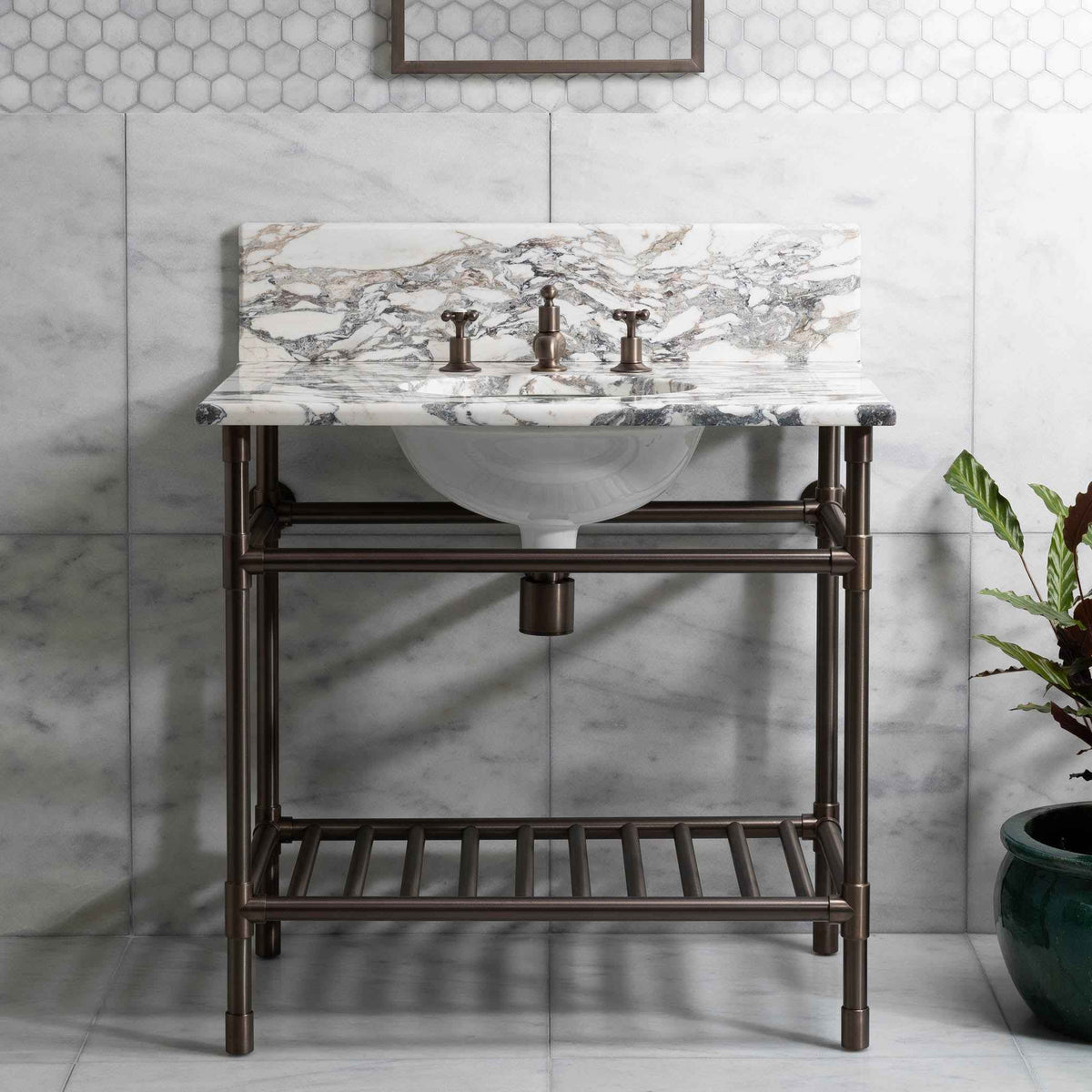 Trinity Vanity Suite (Inc. Marble Top, Upstand, Brass Rack &amp; Basin) - Rutland London