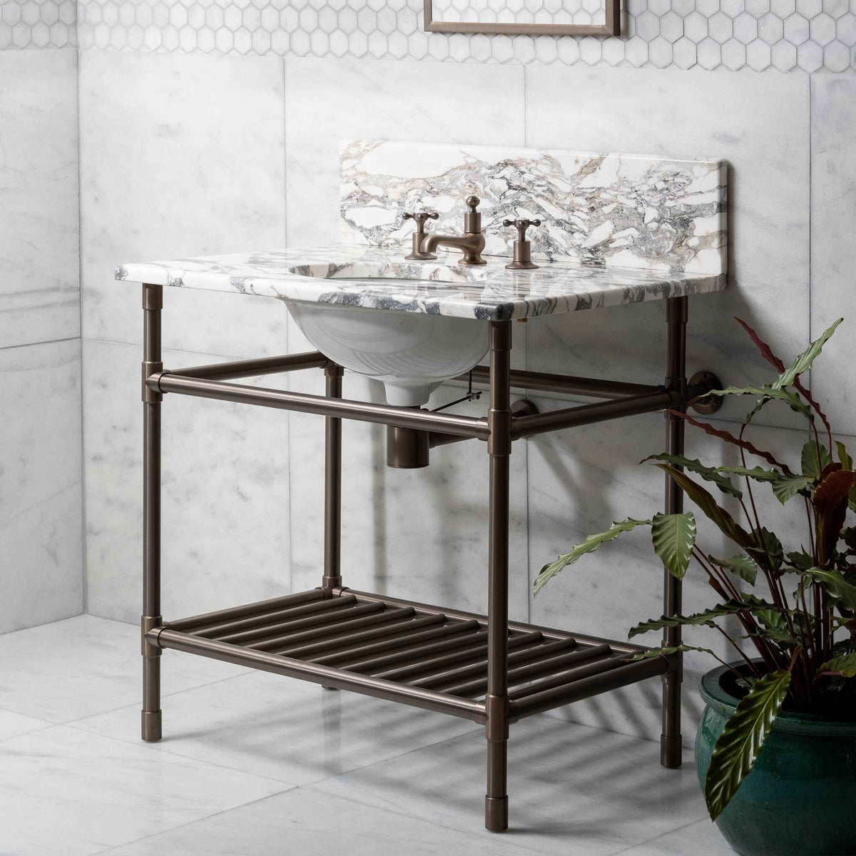 Trinity Vanity Suite (Inc. Marble Top, Upstand, Brass Rack &amp; Basin) - Rutland London