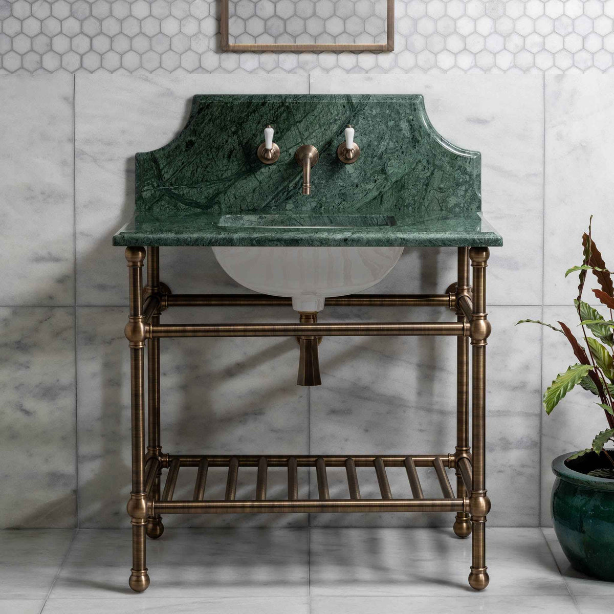 Cadogan Vanity Suite (Inc. Marble Top, Upstand, Brass Rack &amp; Basin) - Rutland London