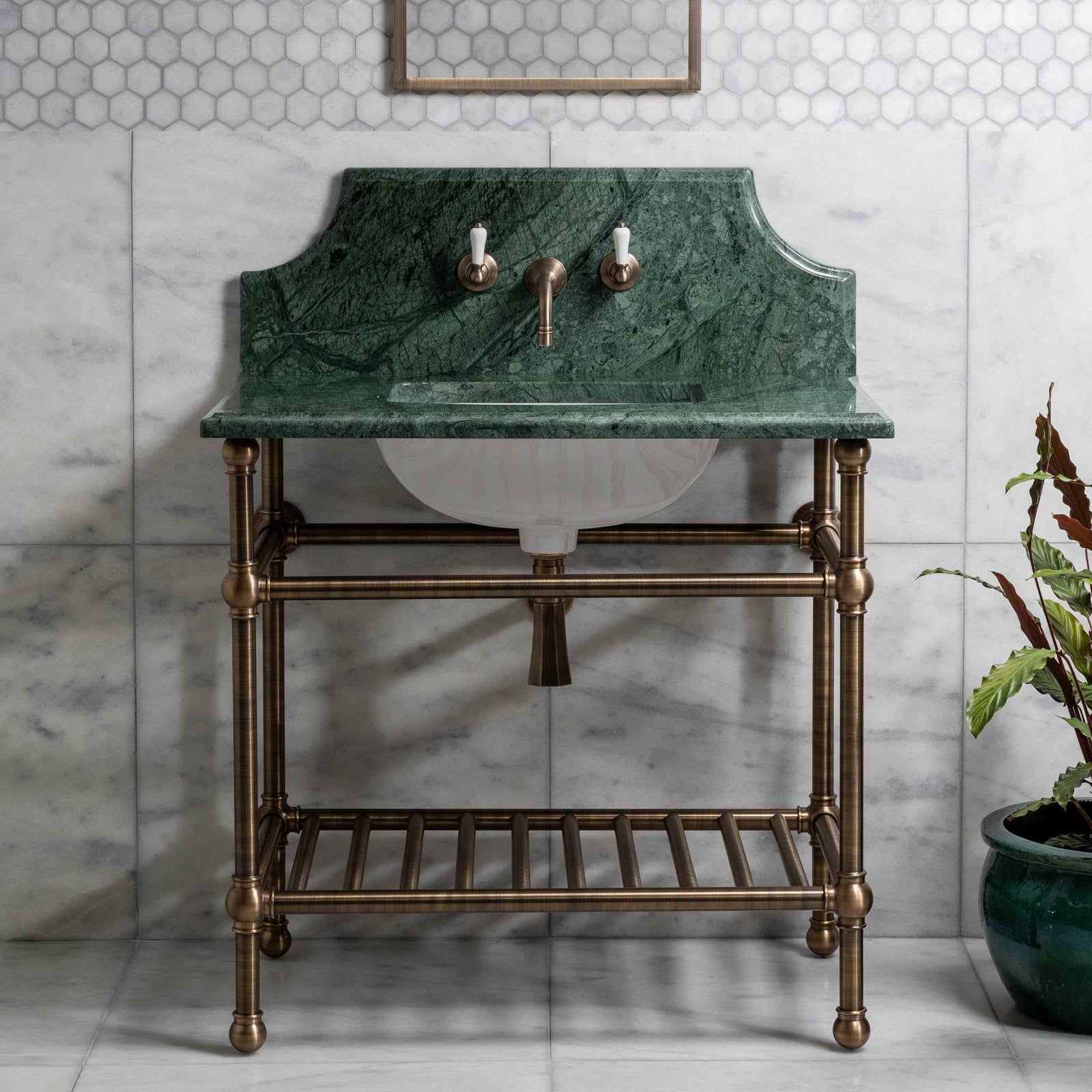 Cadogan Single Vanity Suite (Inc. Marble Top, Upstand, Brass Rack & Basin) - Rutland London