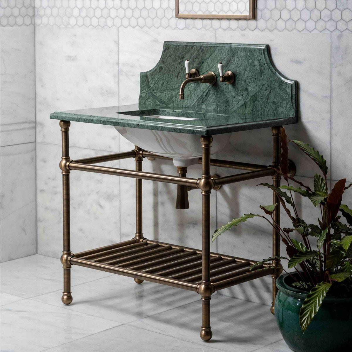 Cadogan Vanity Suite (Inc. Marble Top, Upstand, Brass Rack &amp; Basin) - Rutland London