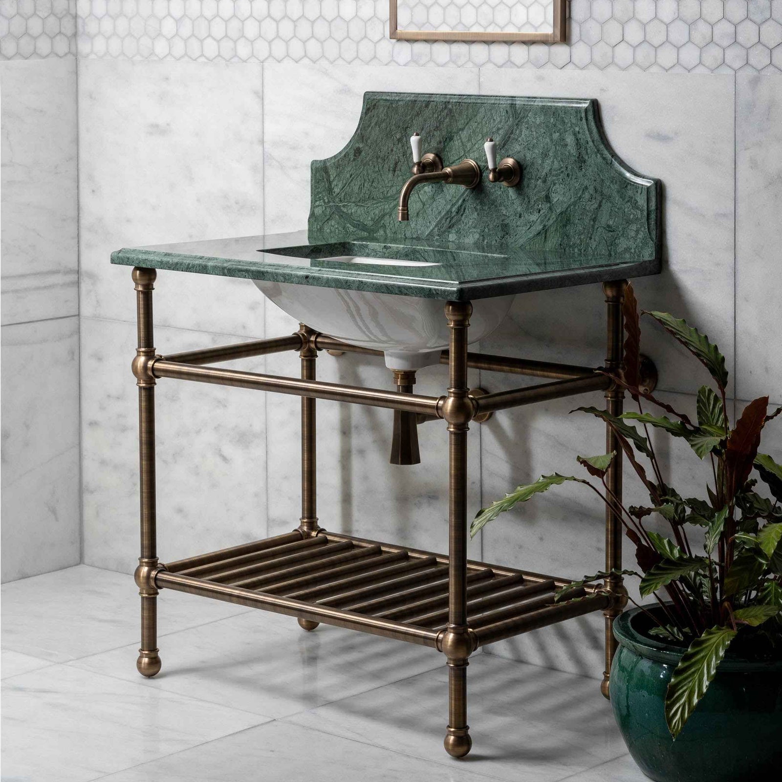 Cadogan Single Vanity Suite (Inc. Marble Top, Upstand, Brass Rack & Basin) - Rutland London