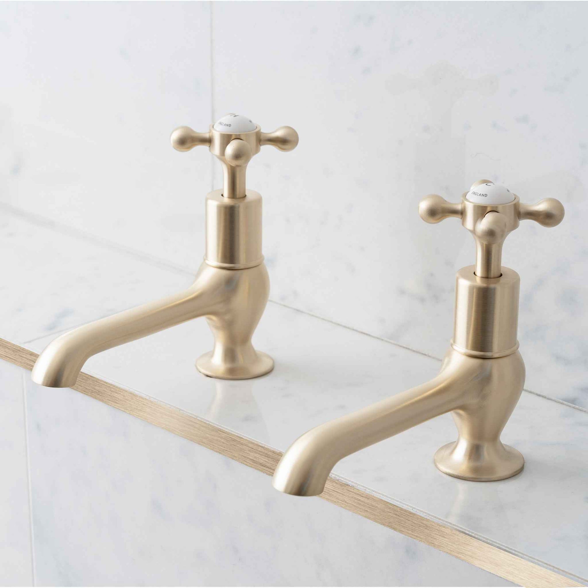 Grayling Long Nose White Ceramic Crosshead Basin Pillar Taps - Rutland London