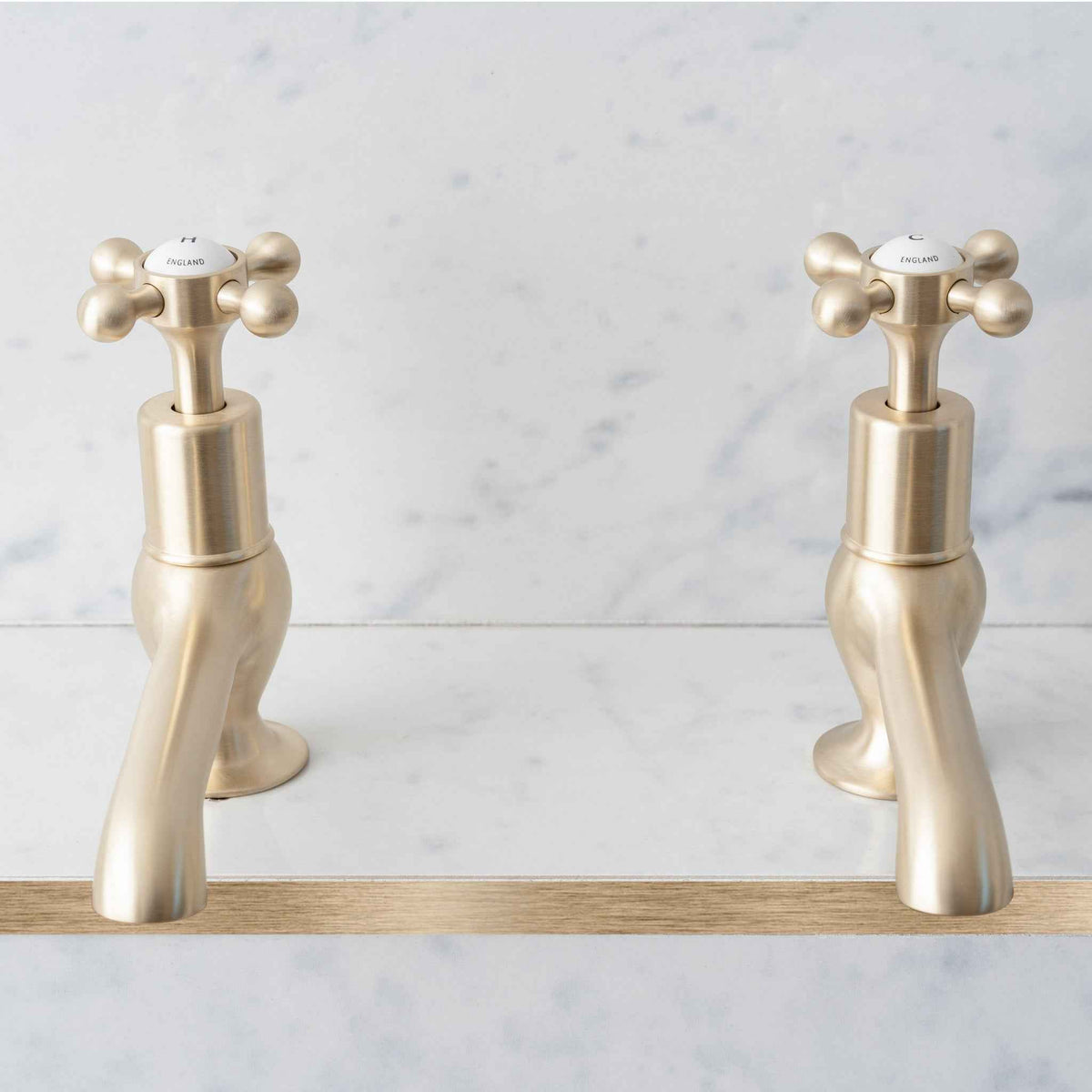 Grayling Long Nose White Ceramic Crosshead Basin Pillar Taps - Rutland London