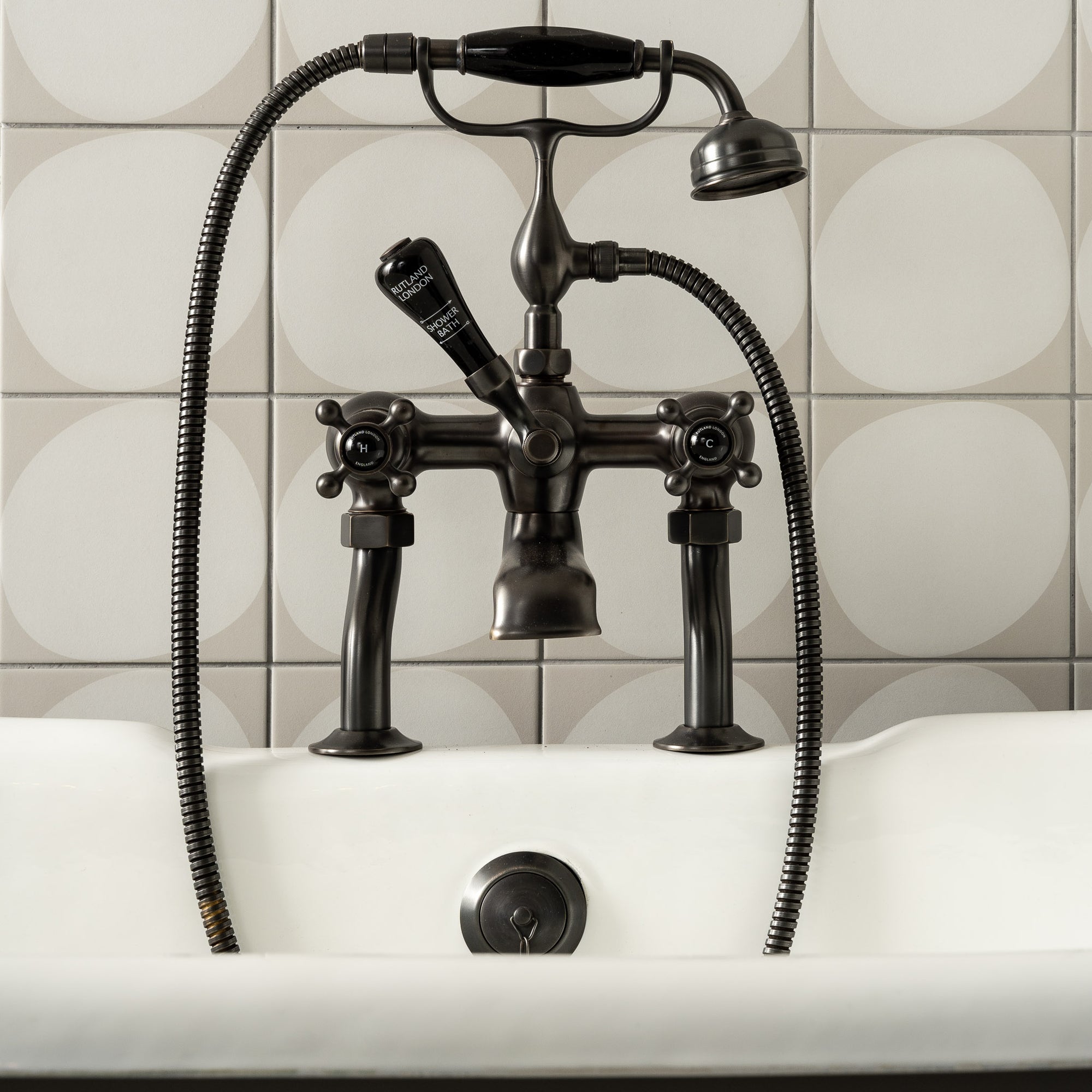 Devonshire Black Ceramic Crosshead Bath & Shower Mixer - Rutland London