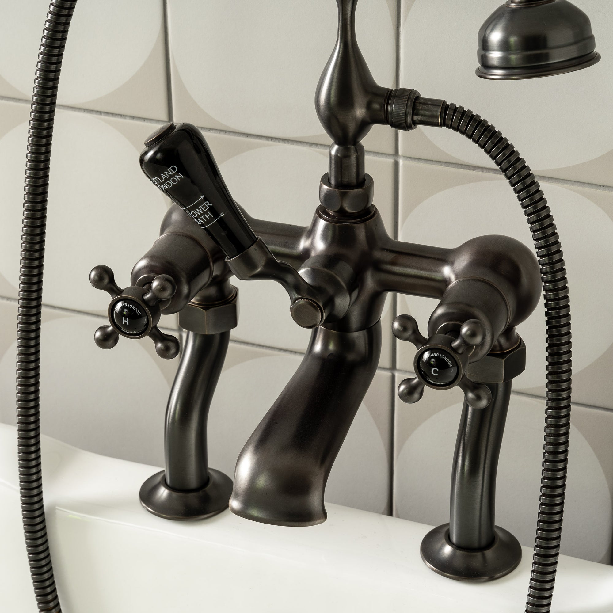 Devonshire Black Ceramic Crosshead Bath & Shower Mixer - Rutland London