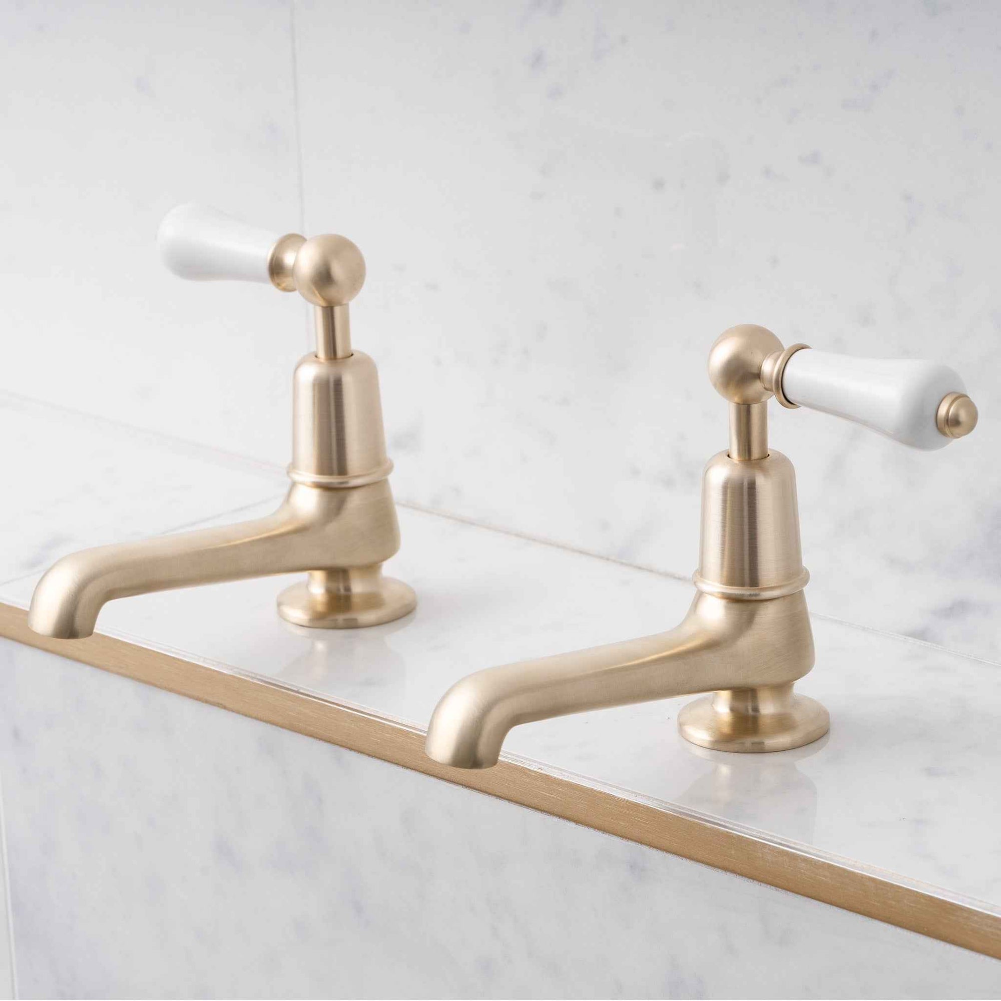 Tavistock Long Nose White Ceramic Lever Basin Pillar Taps - Rutland London