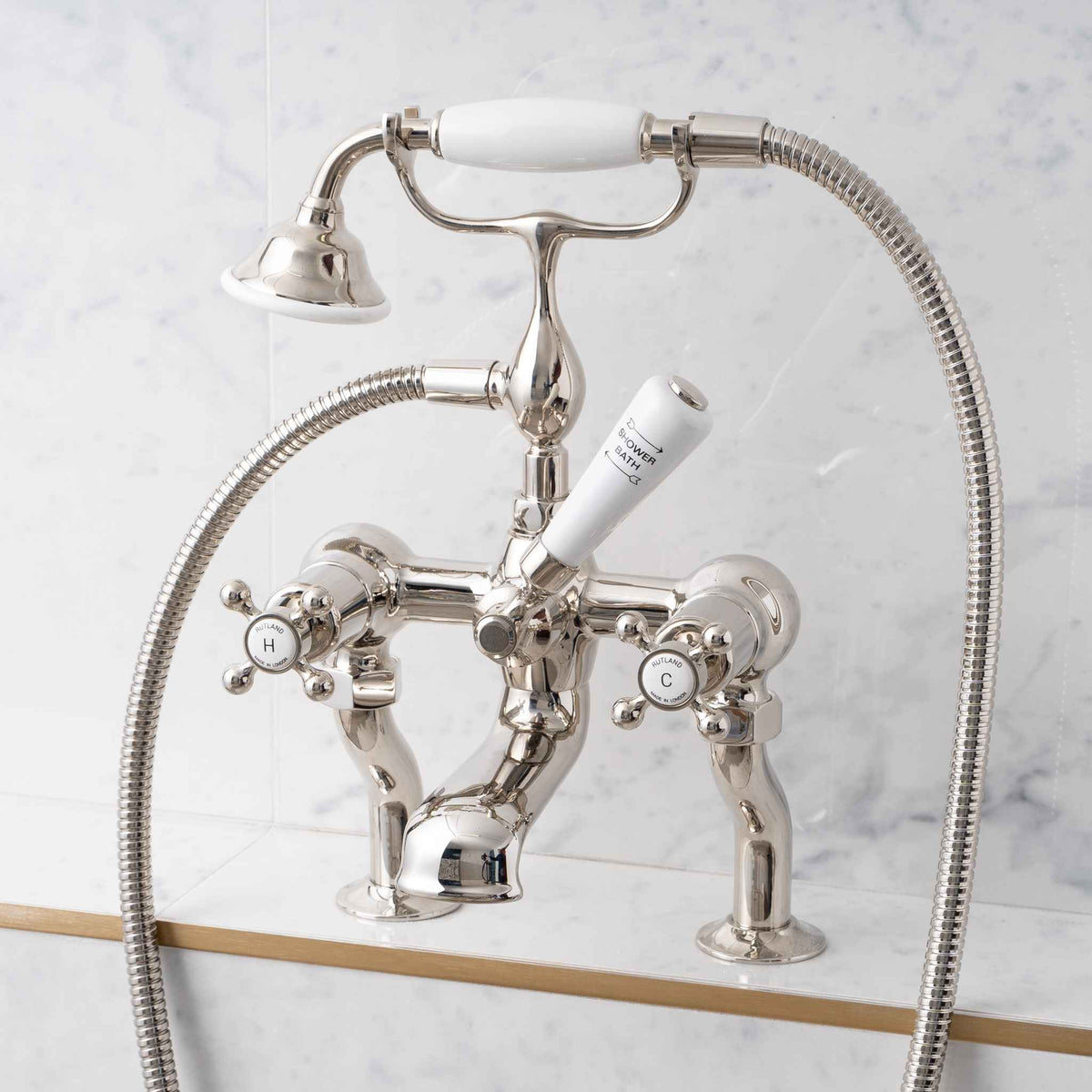 Devonshire White Ceramic Crosshead Bath &amp; Shower Mixer - Rutland London