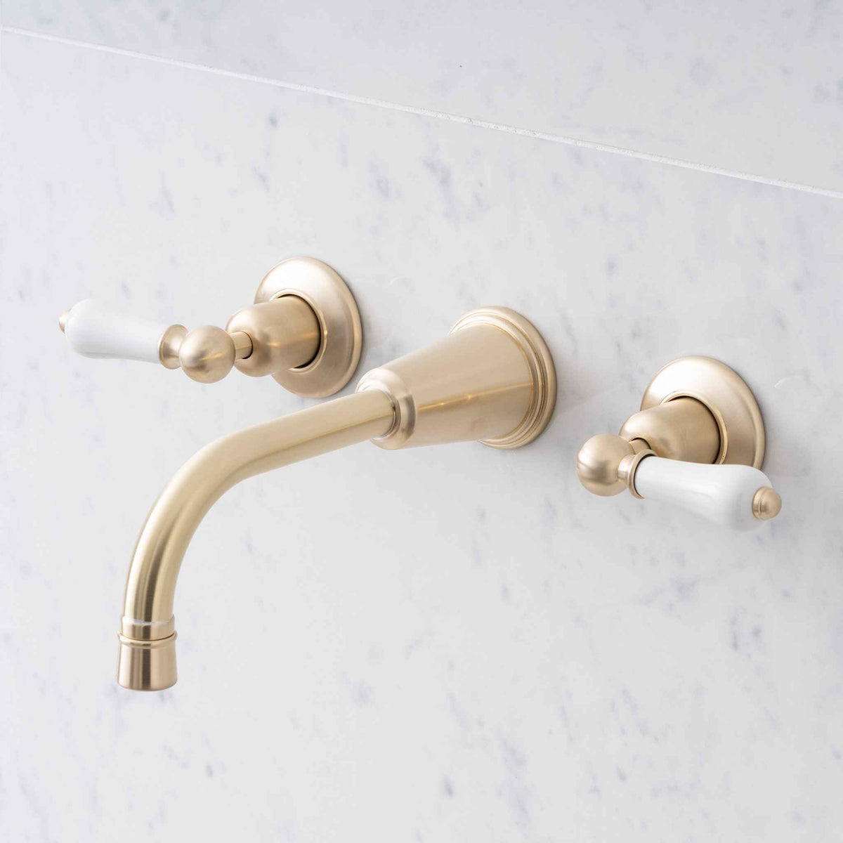 Uppingham White Ceramic Lever Wall Mounted Three Hole Basin Mixer - Rutland London