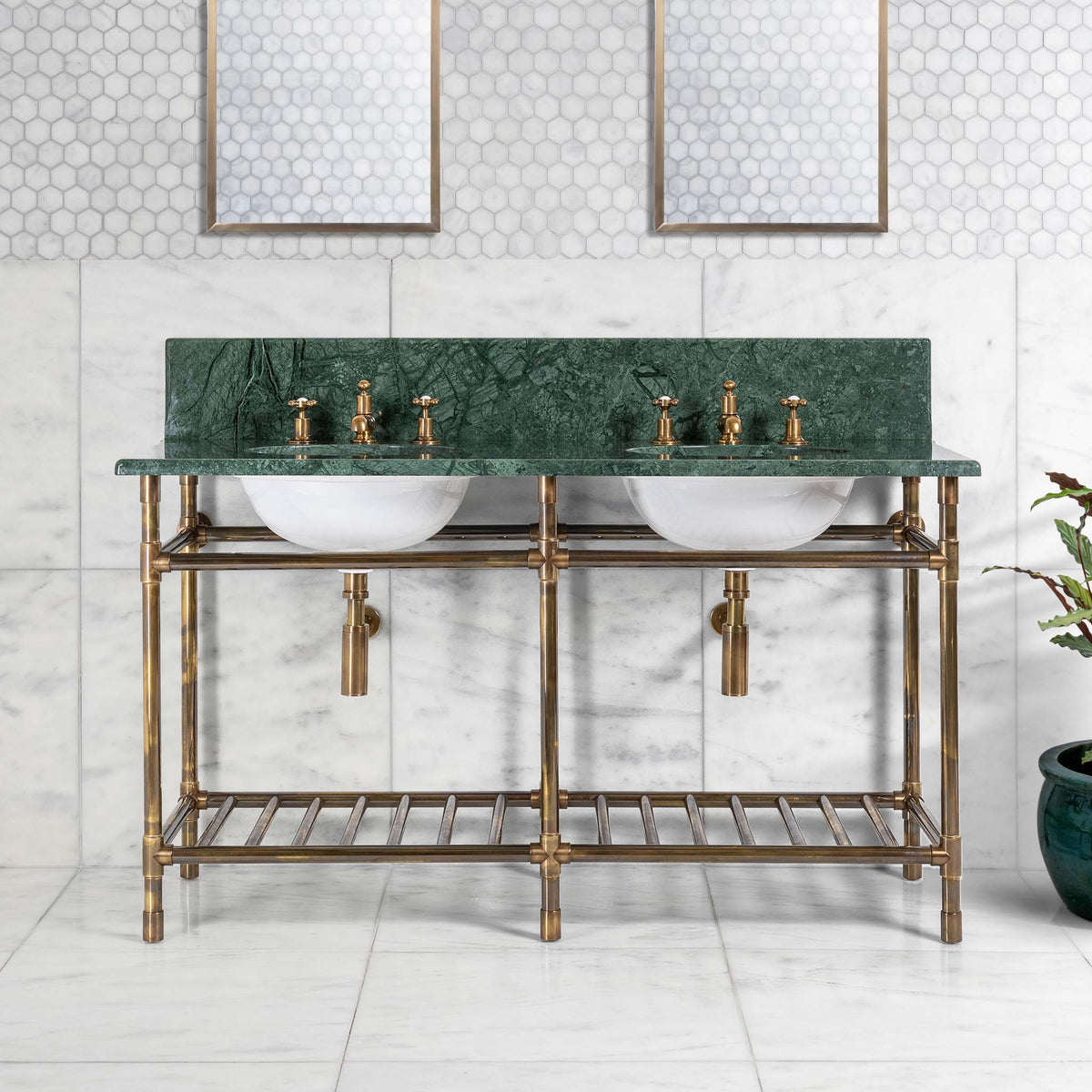 Trinity Double Vanity Suite (Inc. Marble Top, Upstand, Brass Rack & Basins) - Rutland London