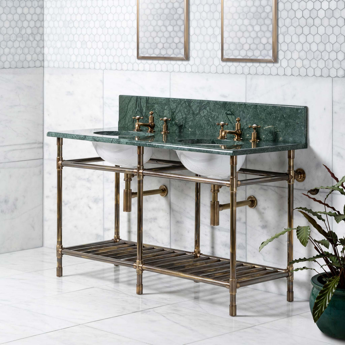 Trinity Double Vanity Suite (Inc. Marble Top, Upstand, Brass Rack & Basins) - Rutland London