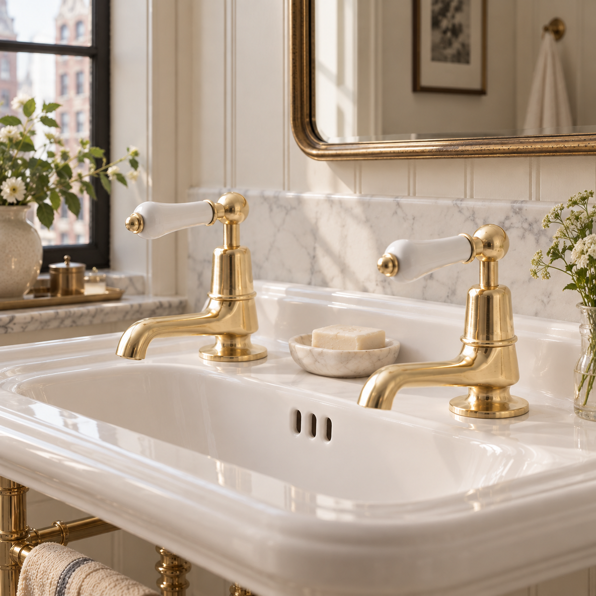 Tavistock Long Nose White Ceramic Lever Basin Pillar Taps - Rutland London