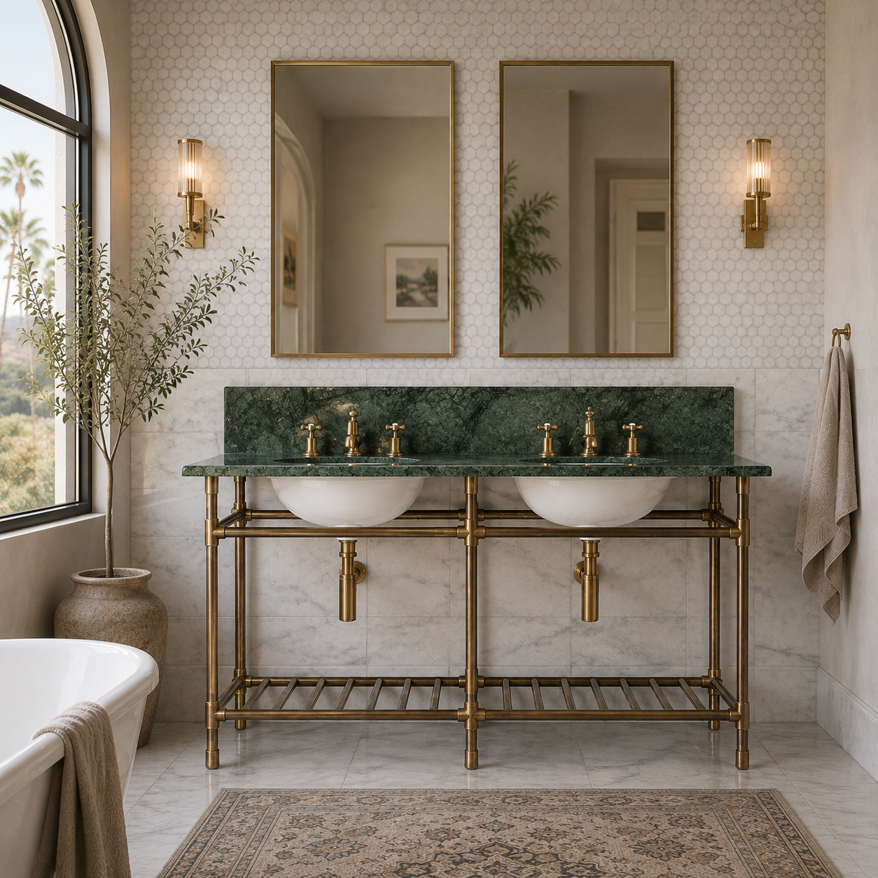 Cadogan Double Vanity Suite (Inc. Marble Top, Upstand, Brass Rack & Basins) - Rutland London