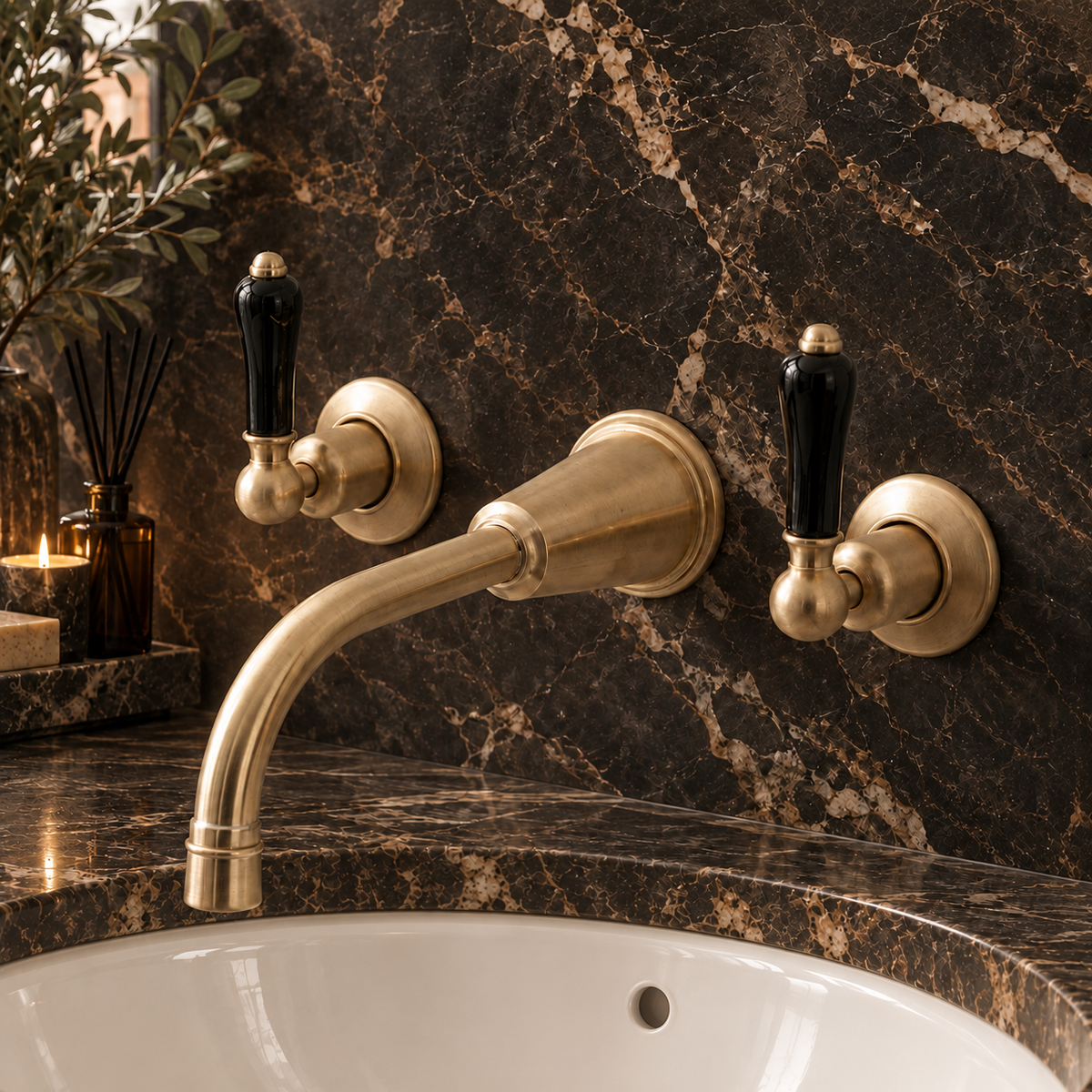 Uppingham Black Ceramic Lever Wall Mounted Three Hole Basin Mixer - Rutland London