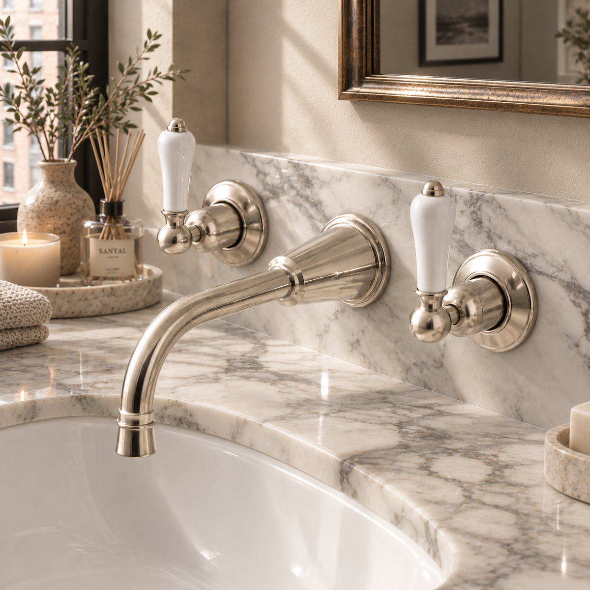 Uppingham White Ceramic Lever Wall Mounted Three Hole Basin Mixer - Rutland London