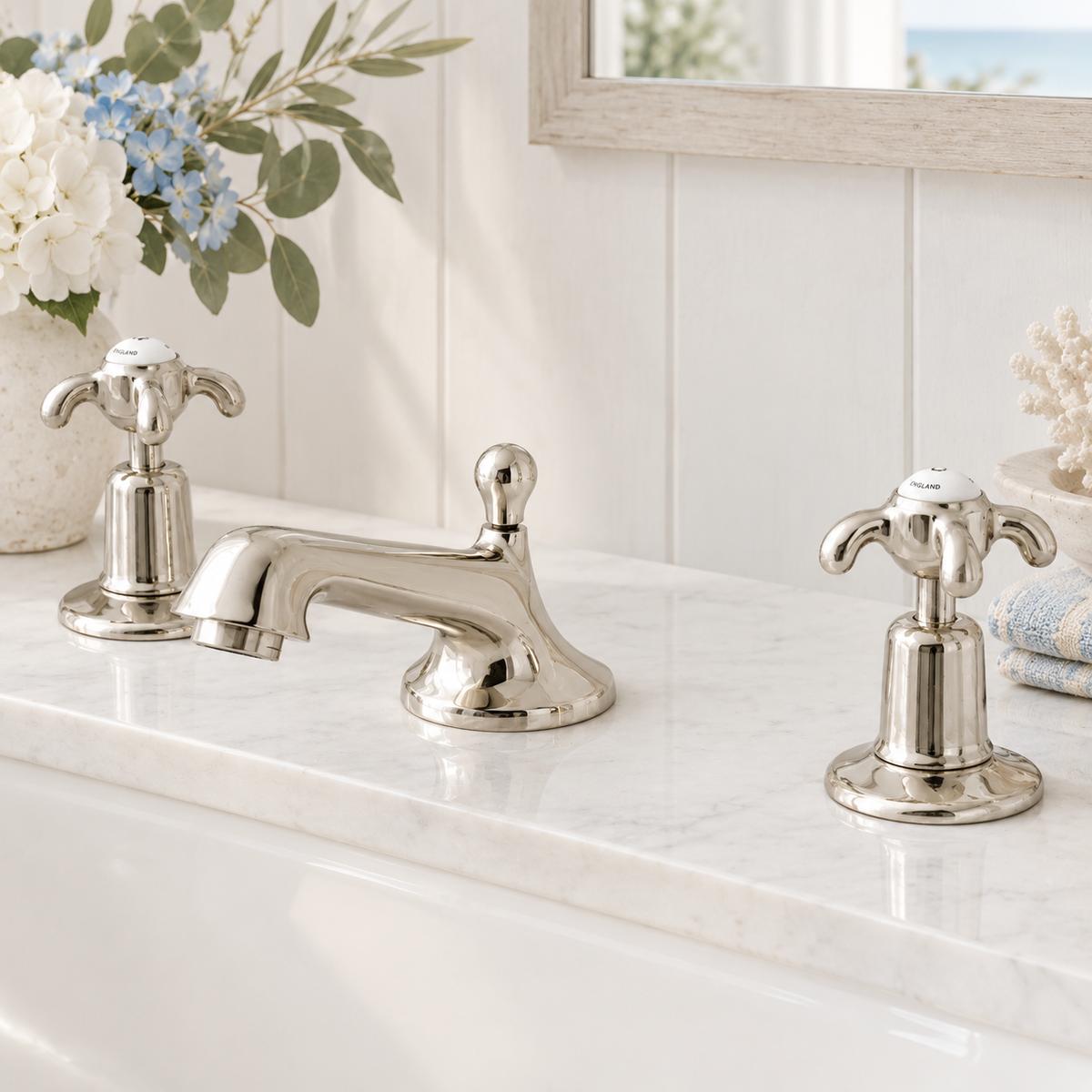 Westcroft White Ceramic Crosshead Three Hole Basin Mixer - Rutland London