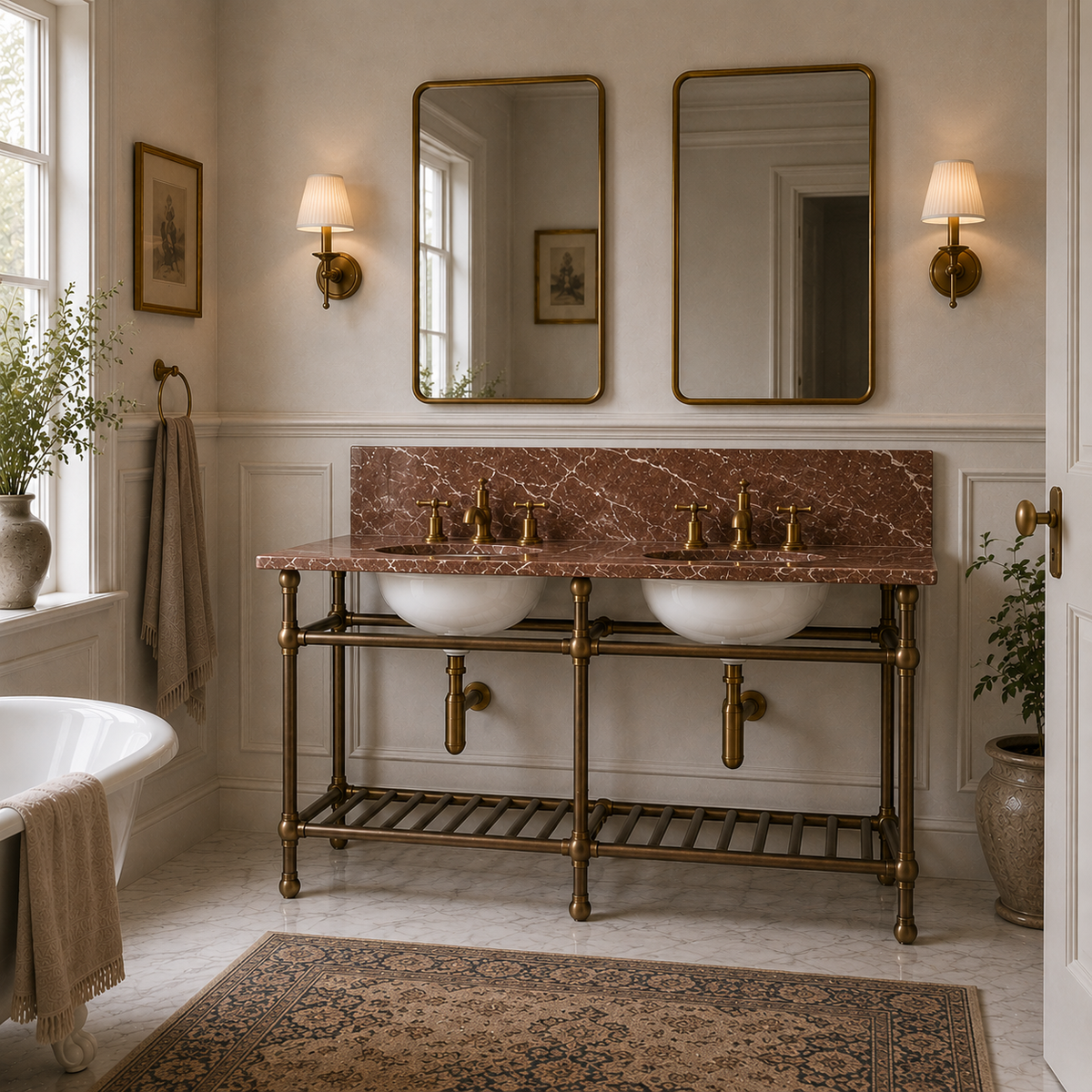 Westminster Double Vanity Suite (Inc. Marble Top, Upstand, Brass Rack & Basins) - Rutland London